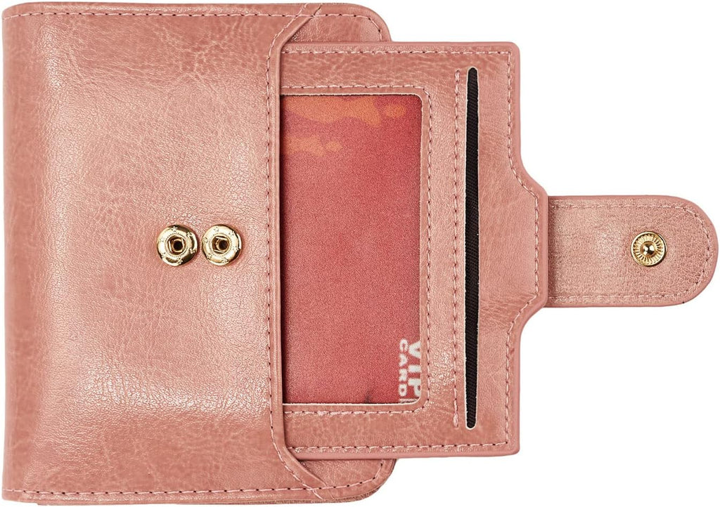 Soft Pink Multi-Slot Bifold Wallet With Snap Button Coin Zipper Pocket & Clear ID Window,