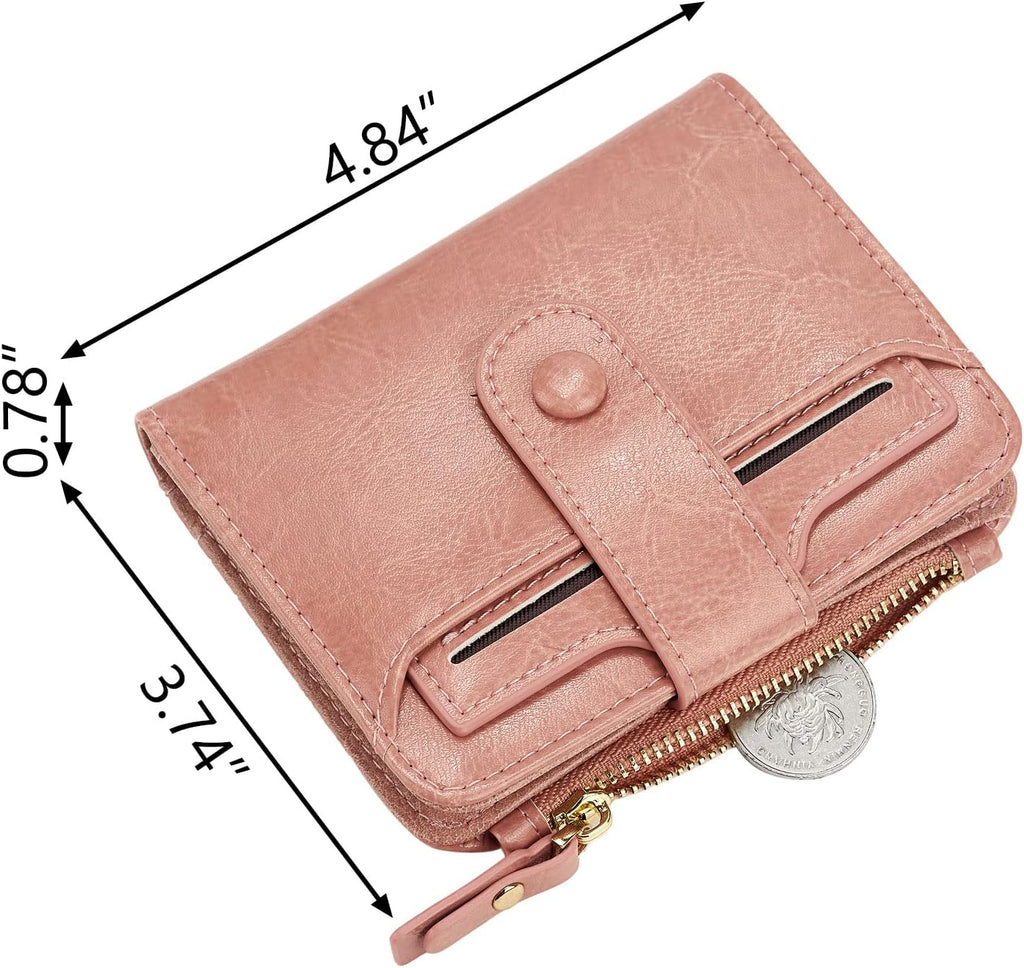 Soft Pink Multi-Slot Bifold Wallet With Snap Button Coin Zipper Pocket & Clear ID Window,