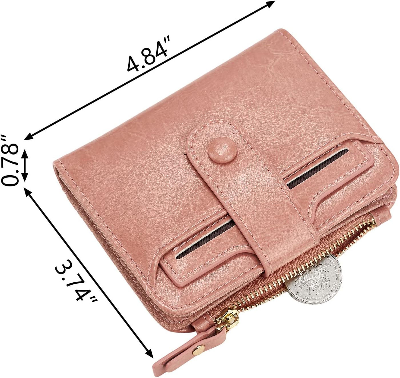 Soft Pink Multi-Slot Bifold Wallet With Snap Button Coin Zipper Pocket & Clear ID Window,