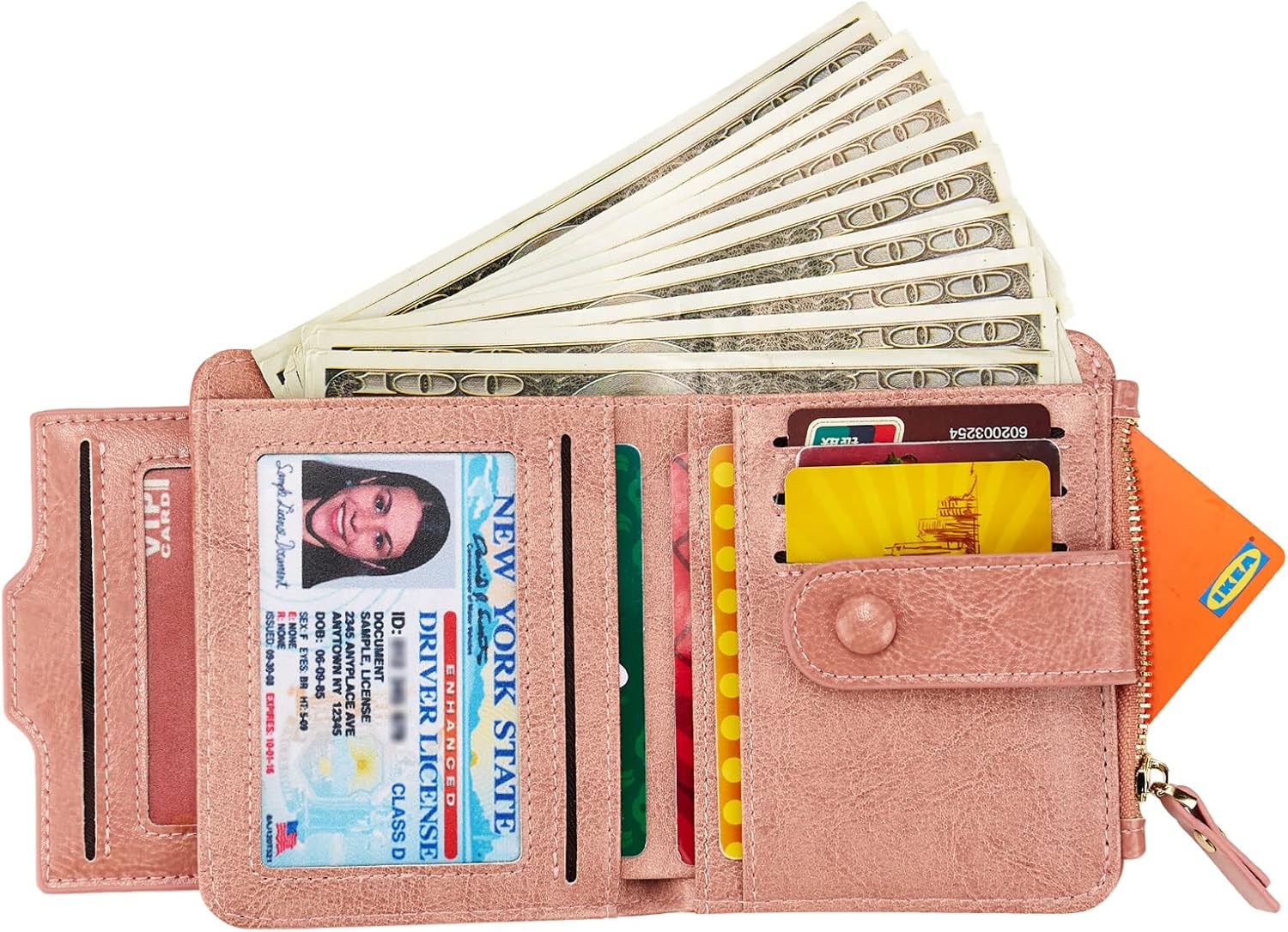 Soft Pink Multi-Slot Bifold Wallet With Snap Button Coin Zipper Pocket & Clear ID Window,