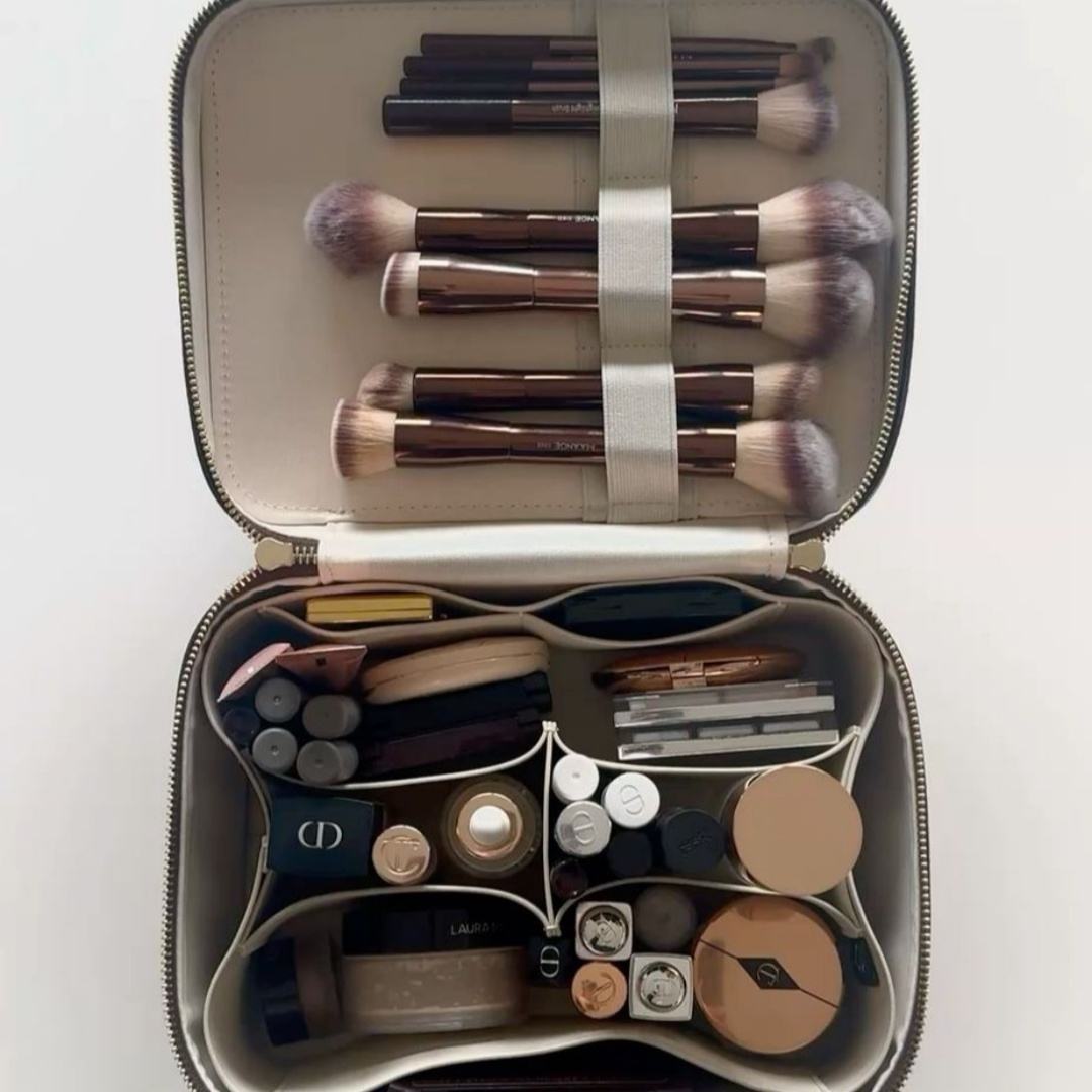 Divided Cosmetic Bag With Full Surround Metal Zipper & Lid Elastic Storage Straps, Large Portable Travel Makeup Case For Daily Matching Outfits