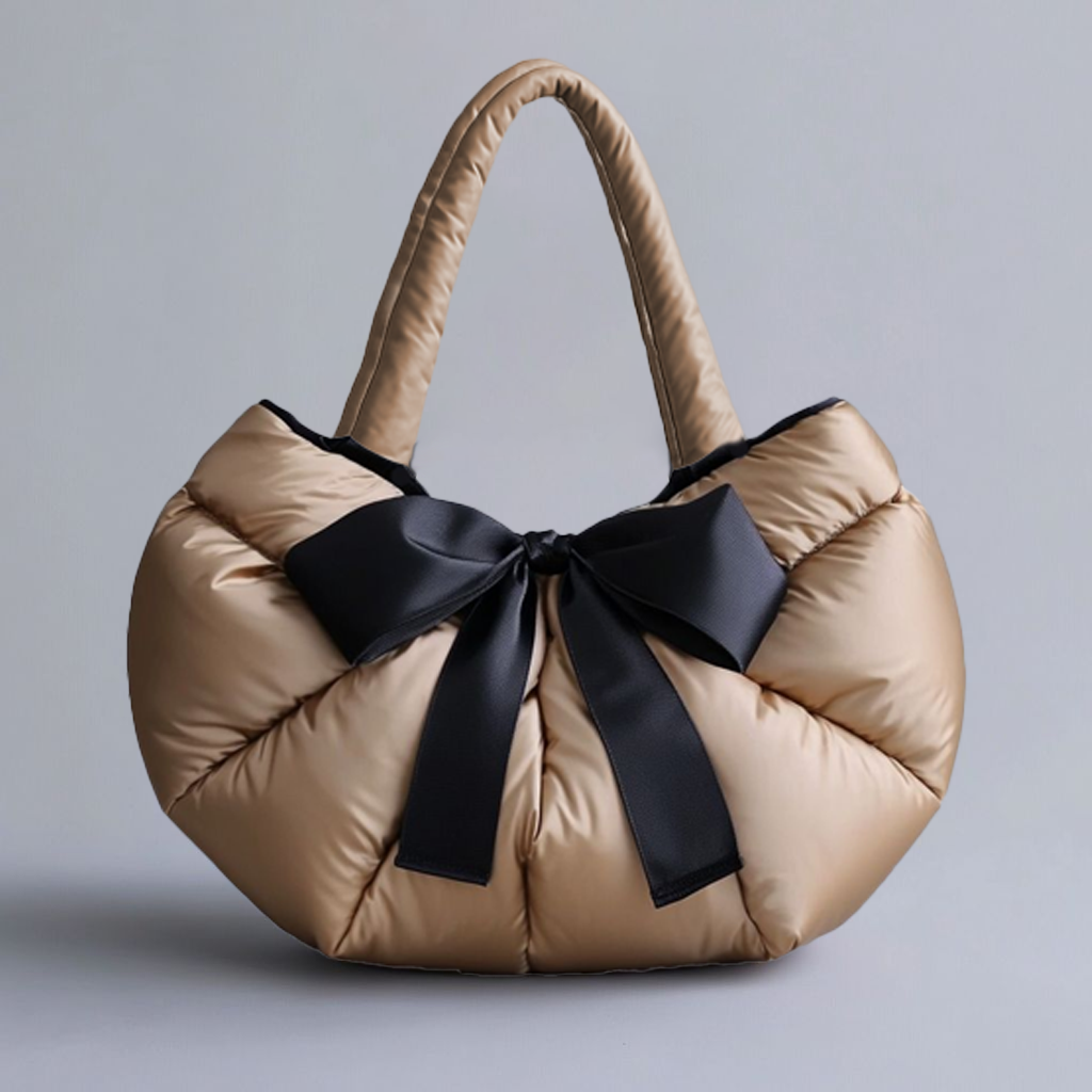 Puffy Quilted Shoulder Bag With Burgundy Satin Bow Ornament, Soft Padded Large Capacity Hand Tote For Sweet Ladies Daily Matching Outfits