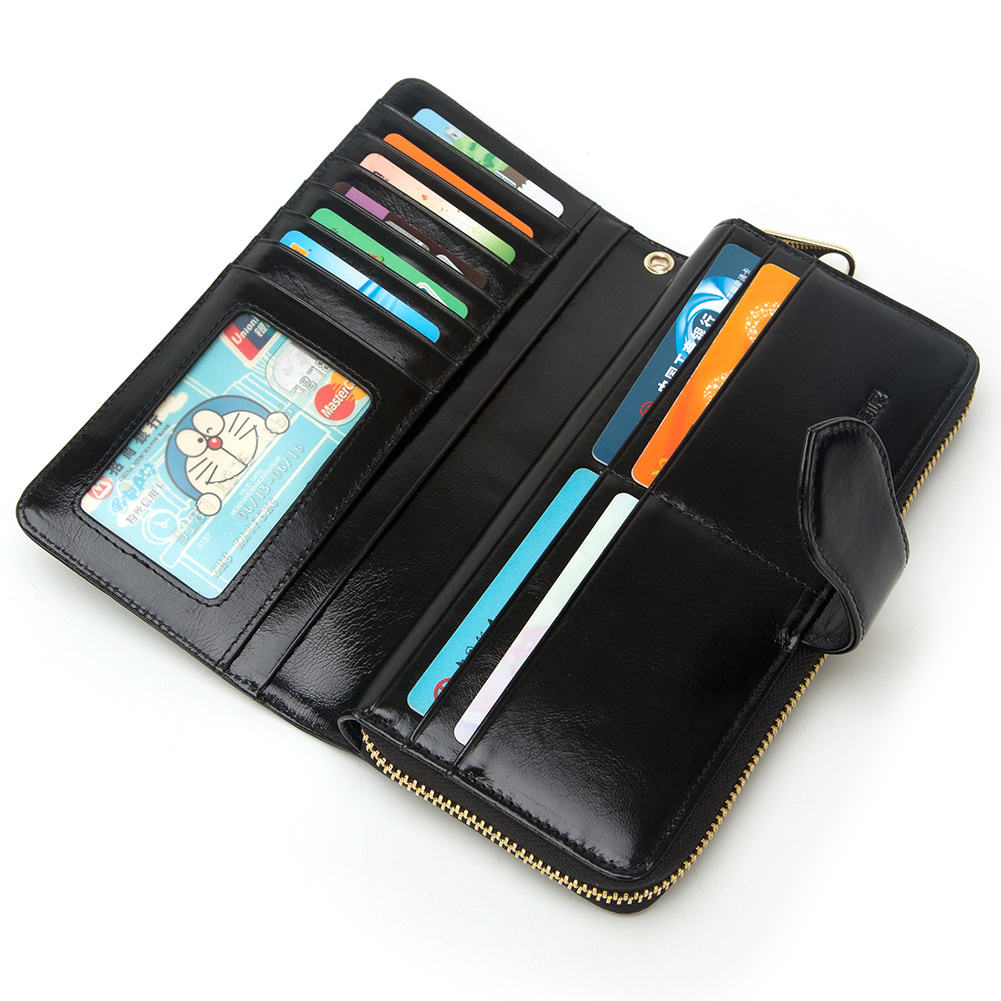 Glossy Black Long Zipper Wallet With Gold Metal Zipper