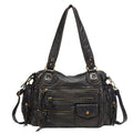Multi-Pocket Motorcycle Style Shoulder Bag With Rivet Decor Wide Shoulder Straps & Multi Outer Zip Pockets, Large Capacity Zip Closure Crossbody Handbag