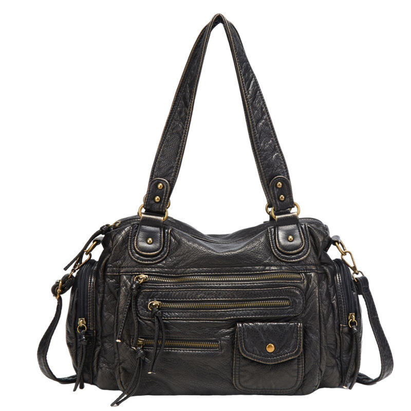 Multi-Pocket Motorcycle Style Shoulder Bag With Rivet Decor Wide Shoulder Straps & Multi Outer Zip Pockets, Large Capacity Zip Closure Crossbody Handbag