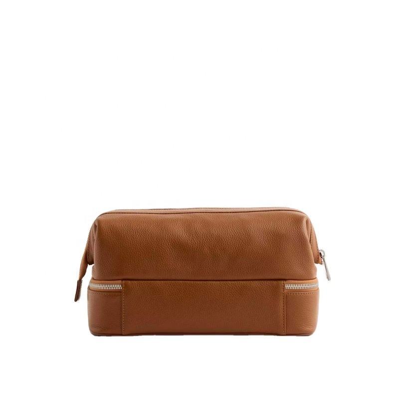 Warm Tan Double Layer Cosmetic Bag With Dual Metal Zipper Compartments