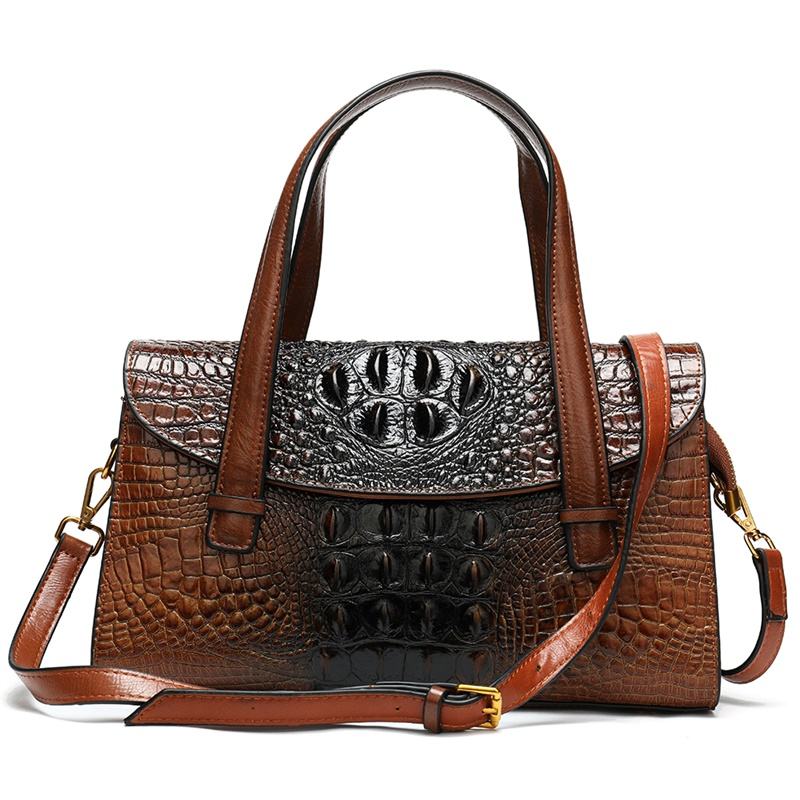 Two-Tone Brown Croc Embossed Boston Shoulder Bag