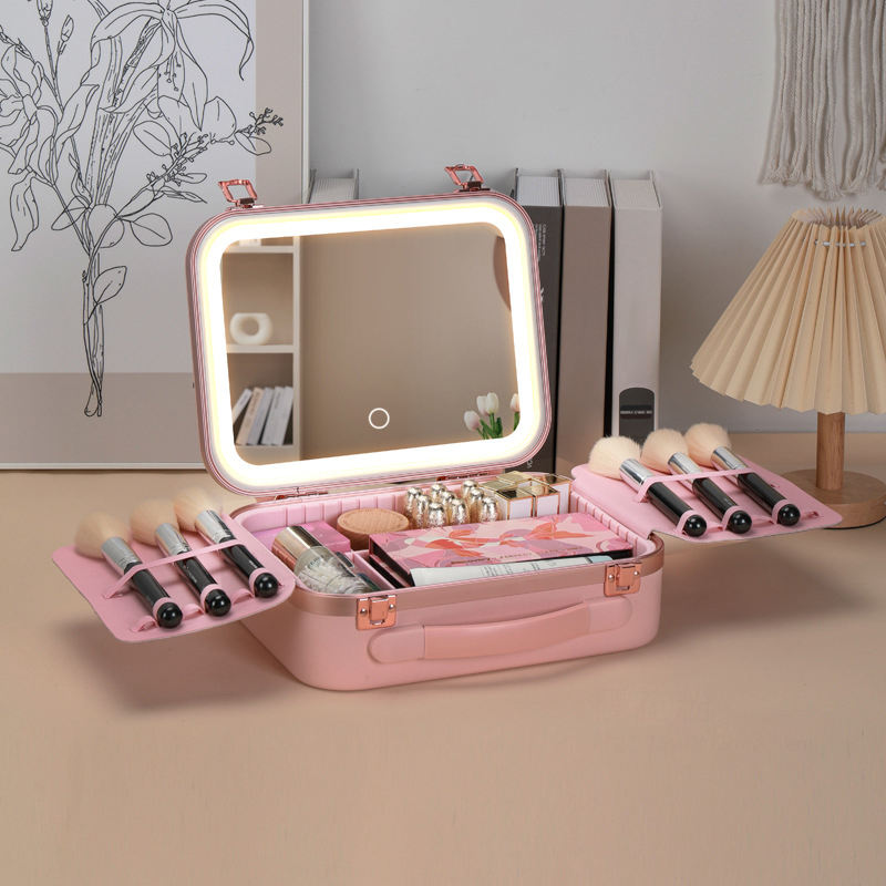 Hard Shell Cosmetic Bag With LED Light Mirror & Dual Side Brush Holders