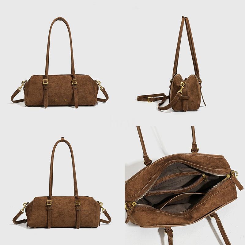 Vintage Cylindrical Shoulder Bag With Dual Adjustable Gold Buckle Straps & Detachable Crossbody Strap
