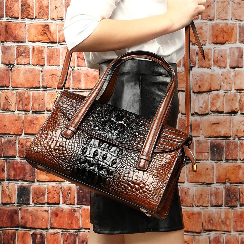 Two-Tone Brown Croc Embossed Boston Shoulder Bag
