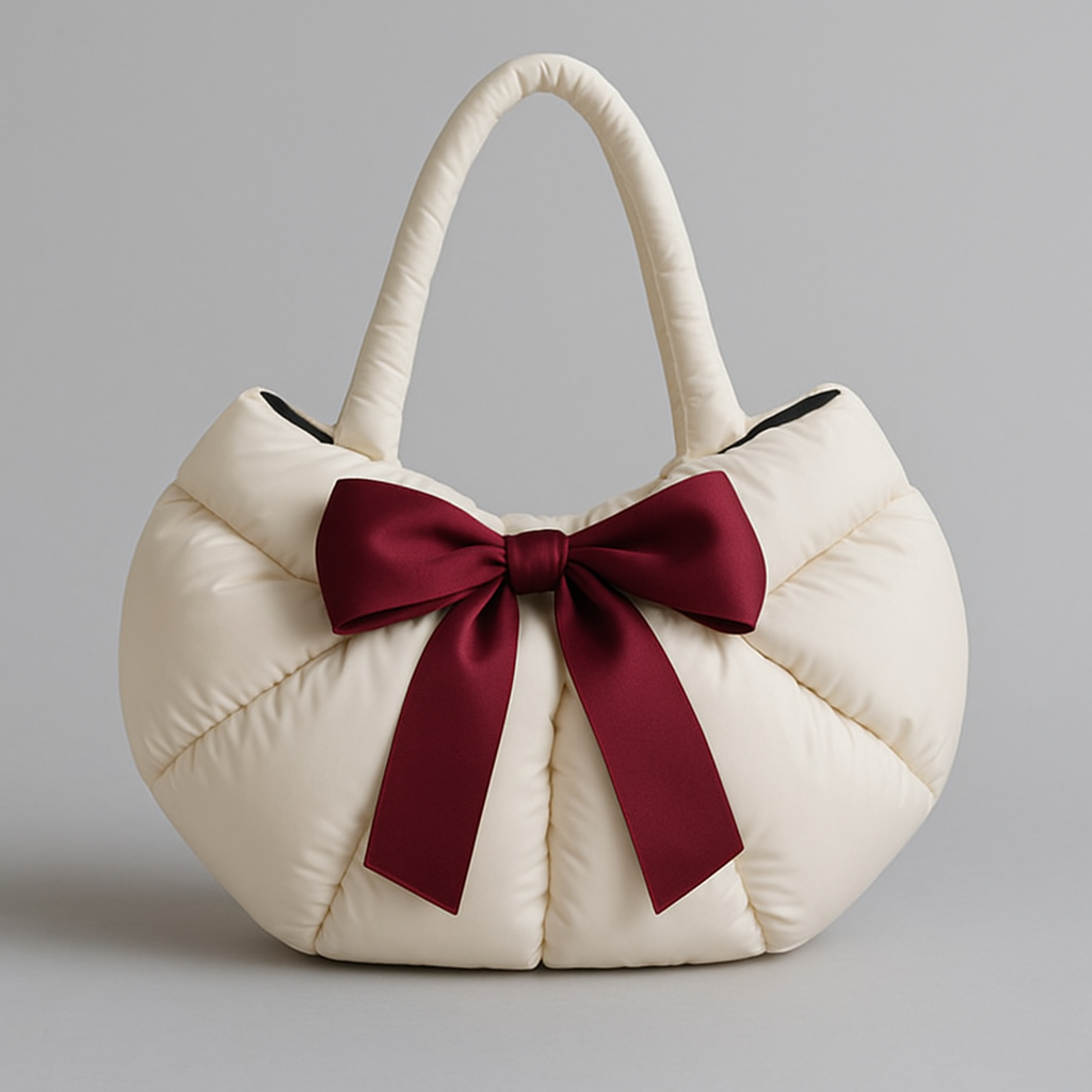 Puffy Quilted Shoulder Bag With Burgundy Satin Bow Ornament, Soft Padded Large Capacity Hand Tote For Sweet Ladies Daily Matching Outfits