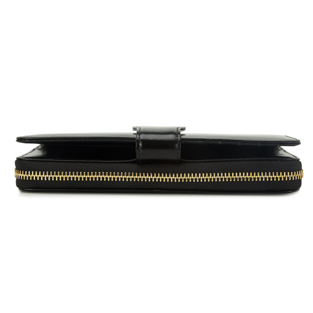 Glossy Black Long Zipper Wallet With Gold Metal Zipper