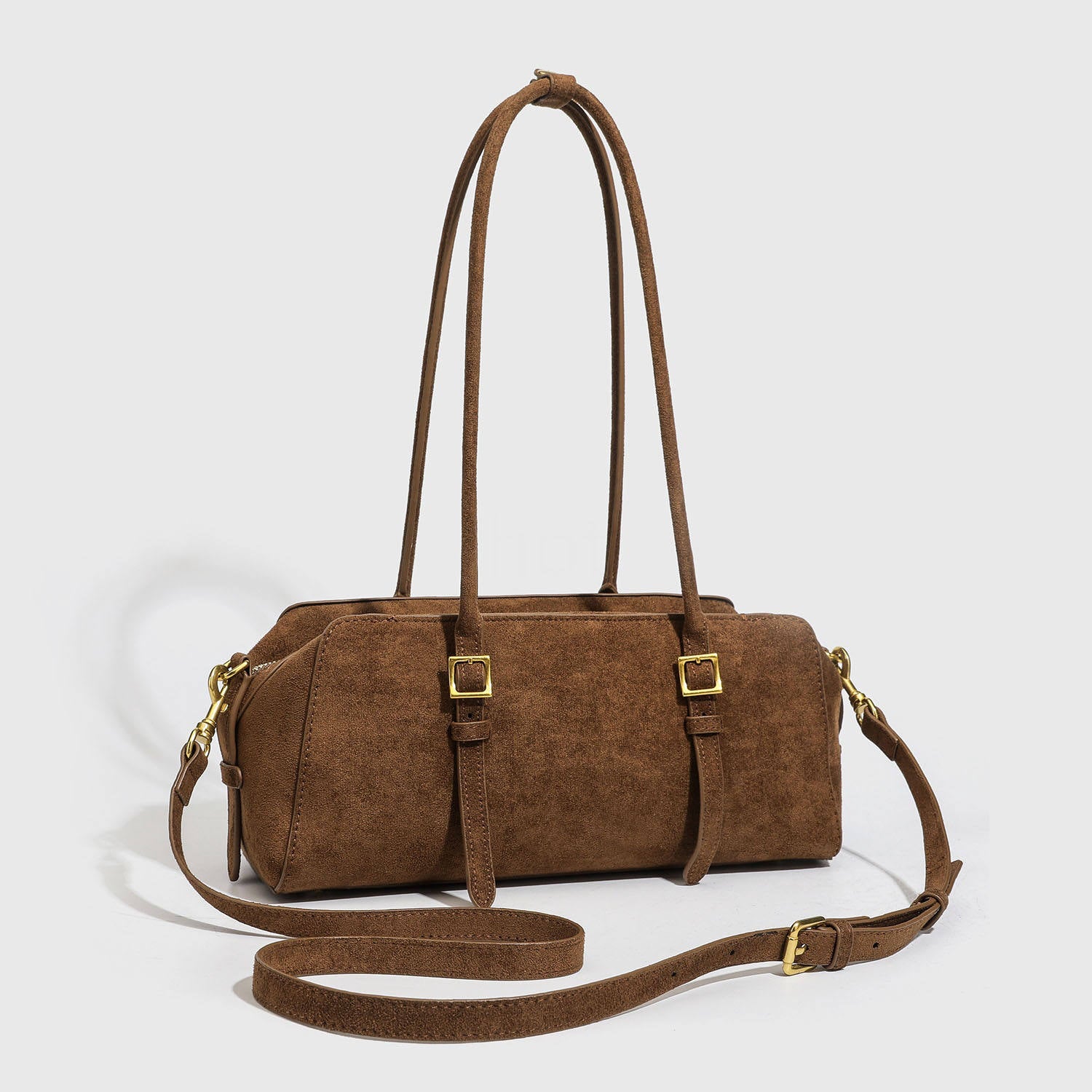 Vintage Cylindrical Shoulder Bag With Dual Adjustable Gold Buckle Straps & Detachable Crossbody Strap