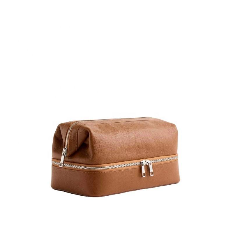 Warm Tan Double Layer Cosmetic Bag With Dual Metal Zipper Compartments