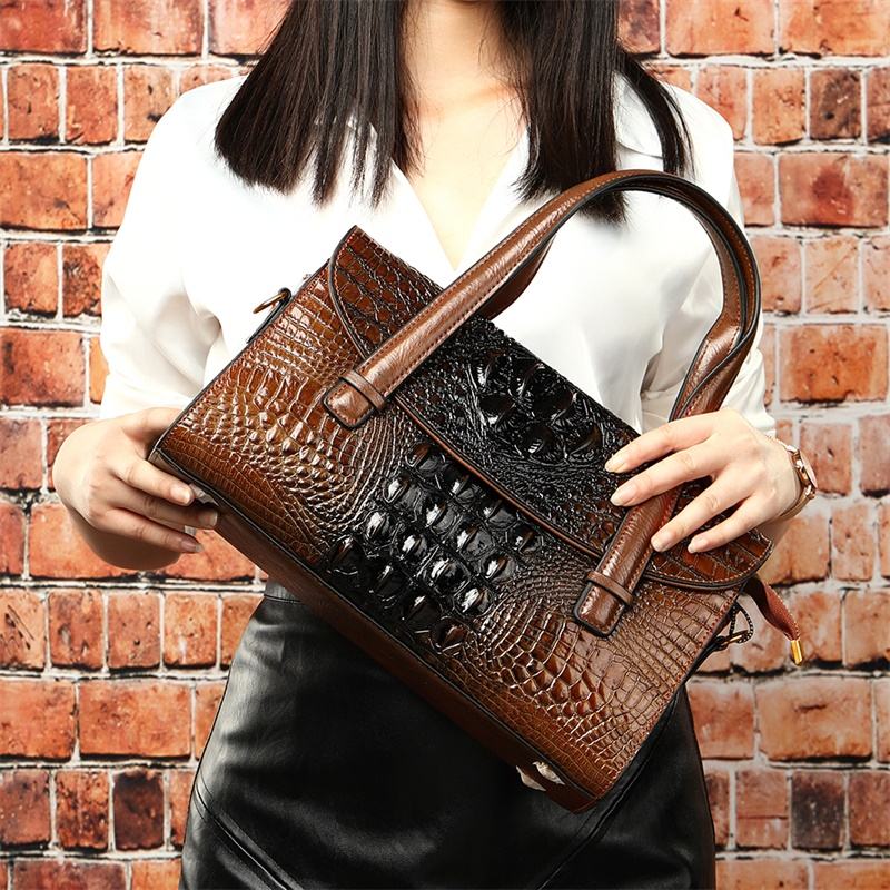 Two-Tone Brown Croc Embossed Boston Shoulder Bag