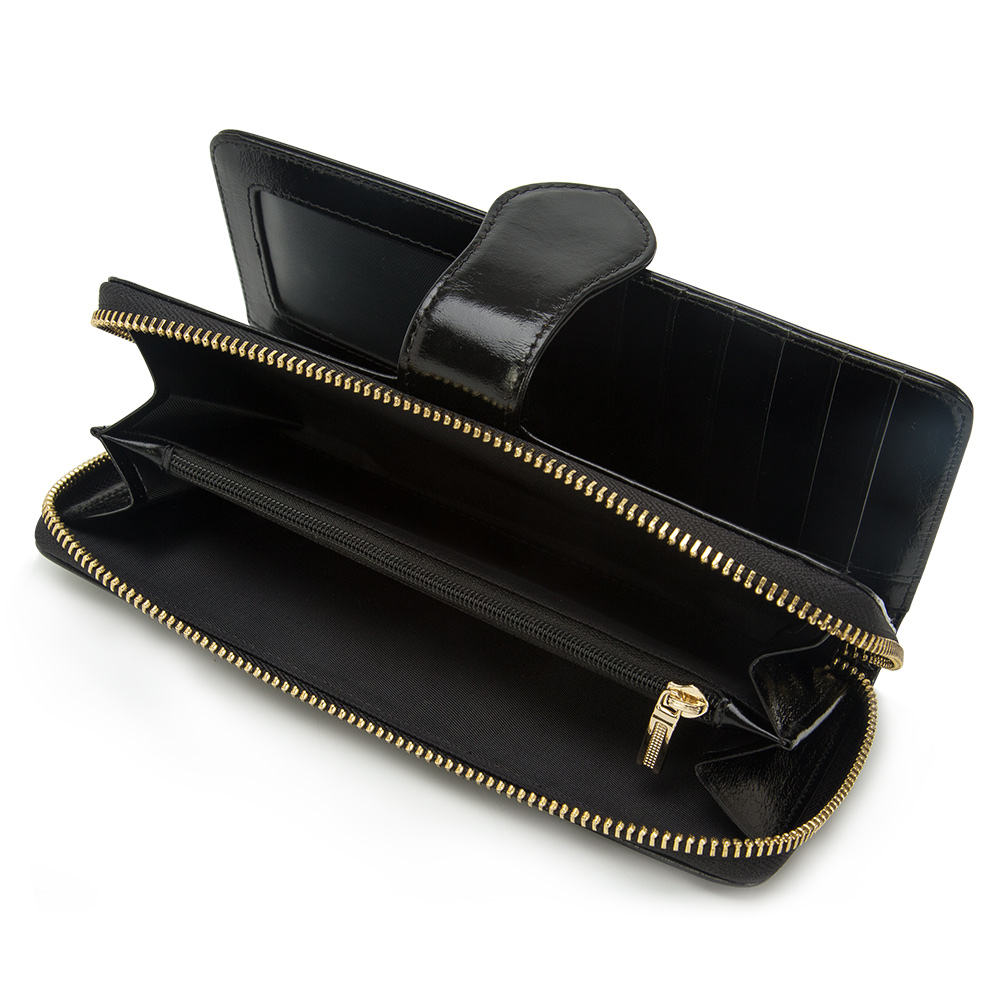 Glossy Black Long Zipper Wallet With Gold Metal Zipper