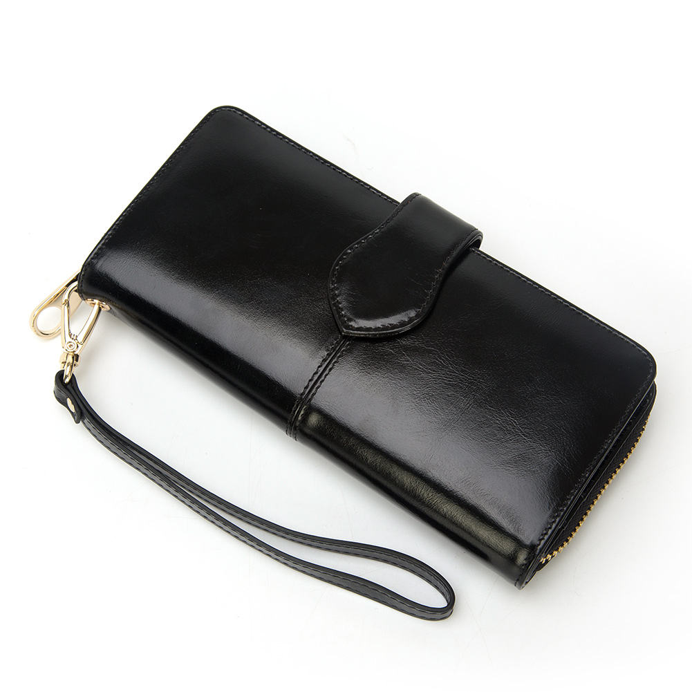 Glossy Black Long Zipper Wallet With Gold Metal Zipper