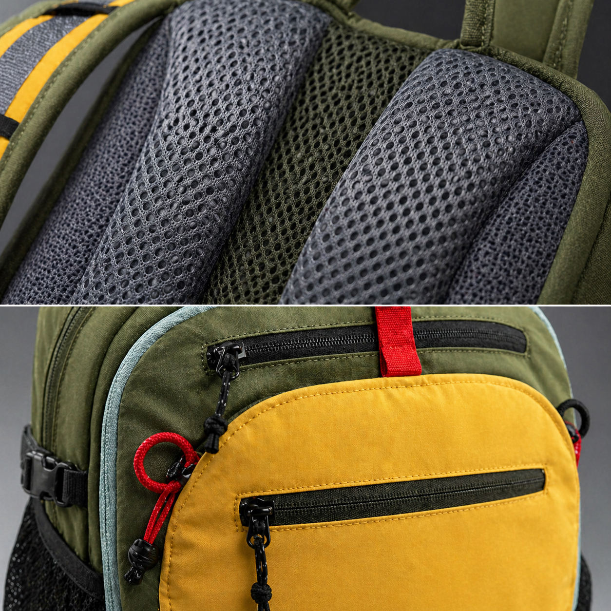 Olive Yellow Color Block Lightweight Backpack With Adjustable Striped Shoulder Straps & Side Mesh Pockets