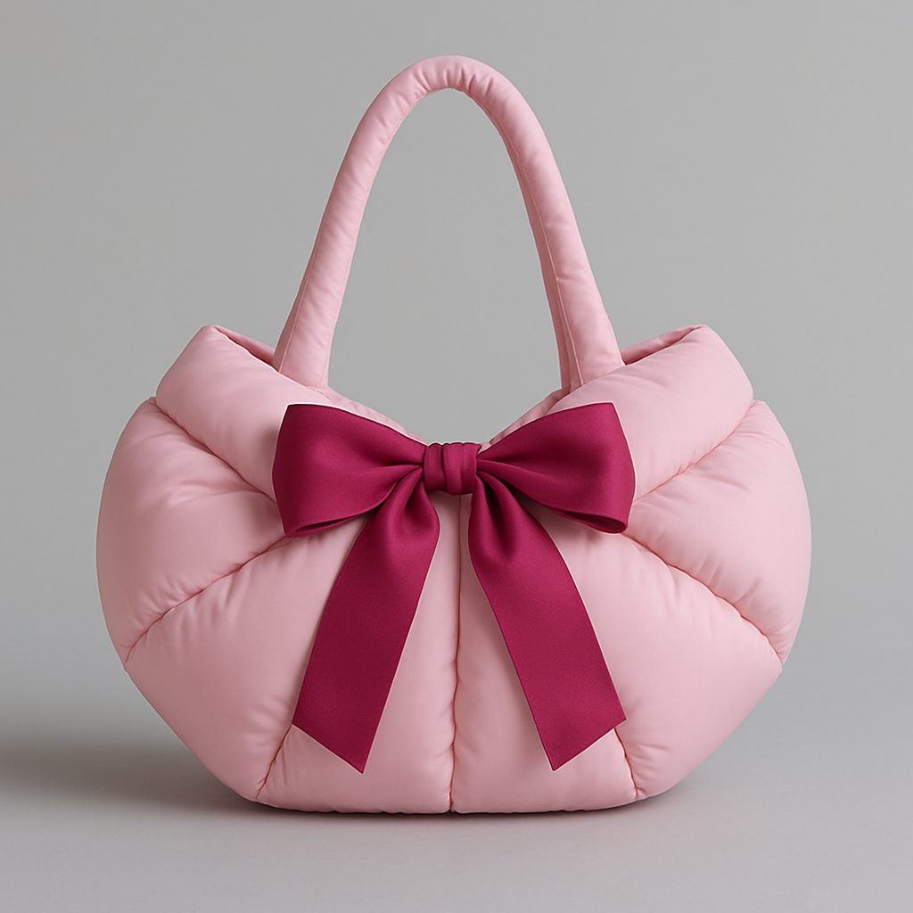 Puffy Quilted Shoulder Bag With Burgundy Satin Bow Ornament, Soft Padded Large Capacity Hand Tote For Sweet Ladies Daily Matching Outfits