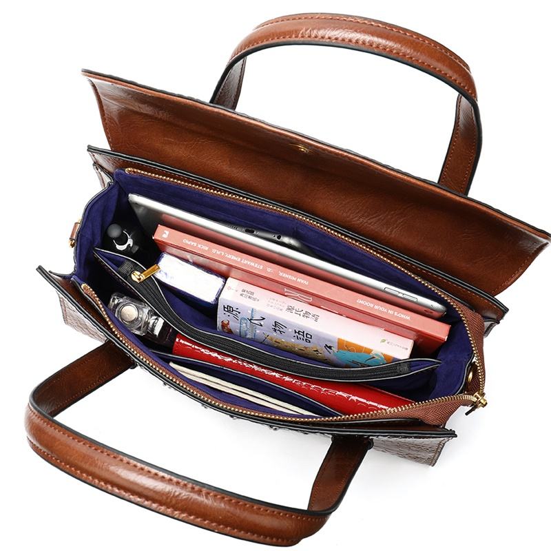 Two-Tone Brown Croc Embossed Boston Shoulder Bag