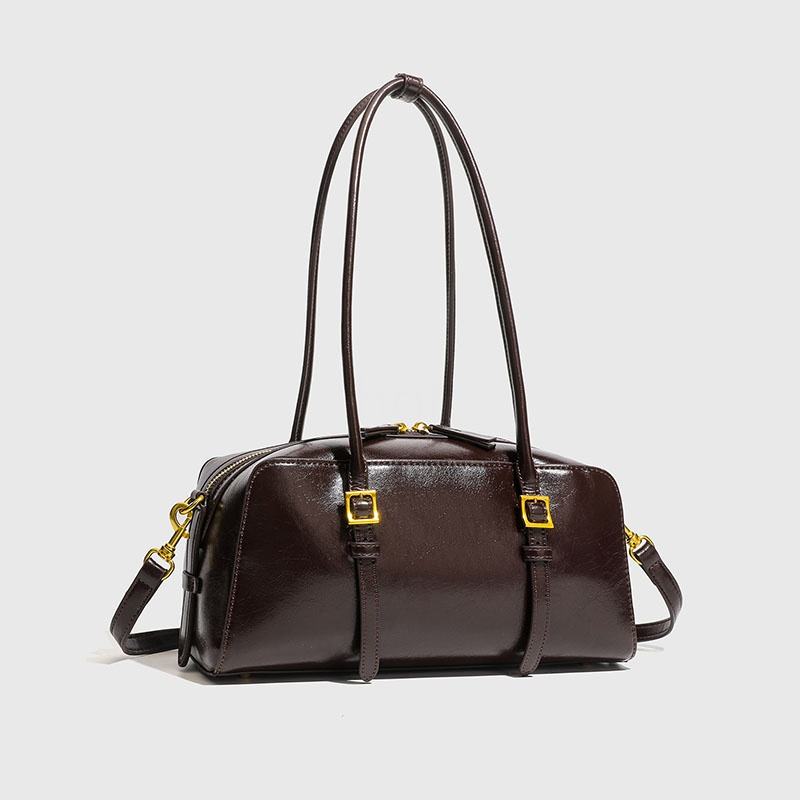 Vintage Cylindrical Shoulder Bag With Dual Adjustable Gold Buckle Straps & Detachable Crossbody Strap