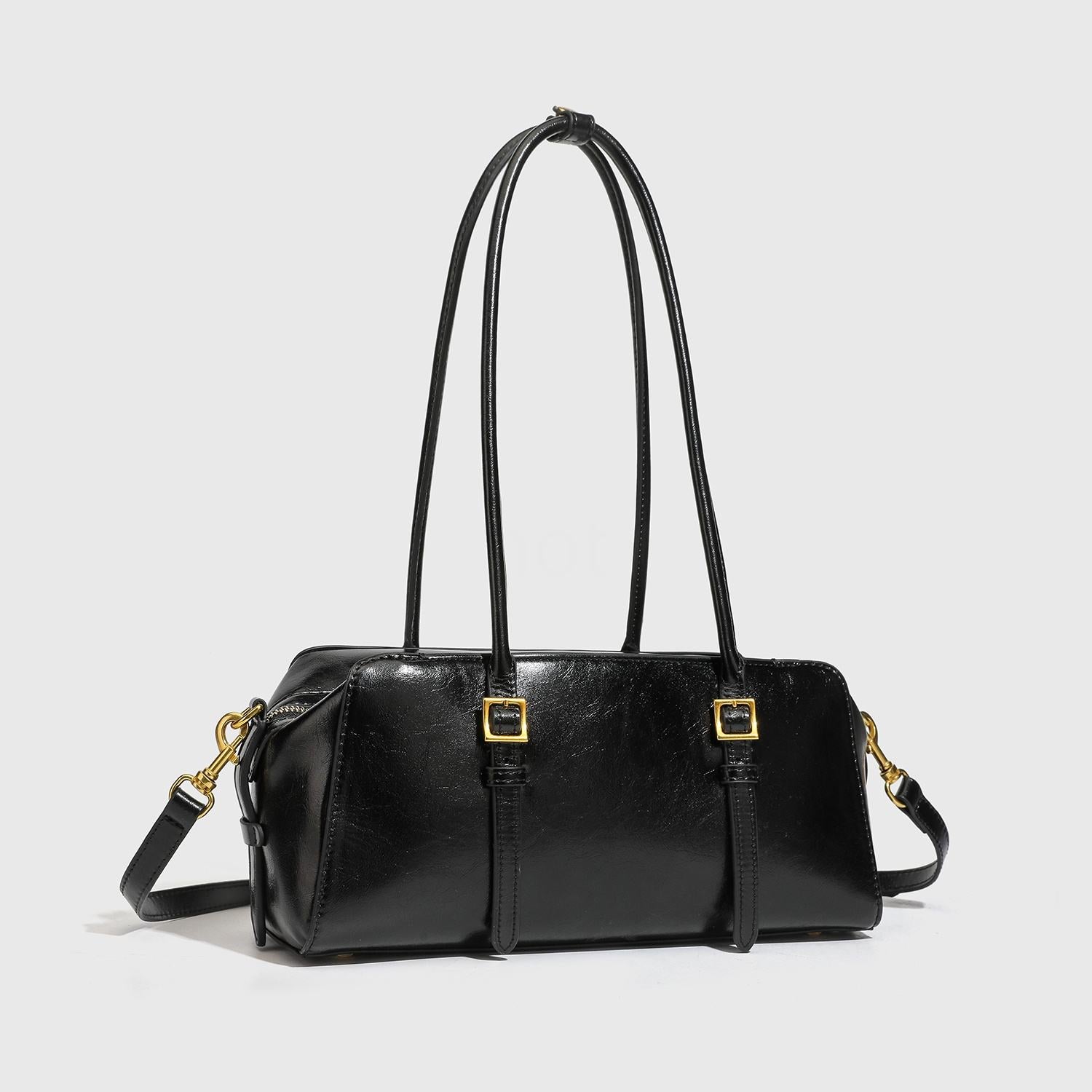 Vintage Cylindrical Shoulder Bag With Dual Adjustable Gold Buckle Straps & Detachable Crossbody Strap