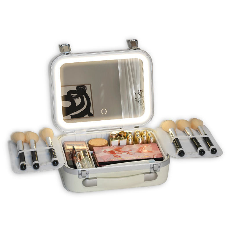 Hard Shell Cosmetic Bag With LED Light Mirror & Dual Side Brush Holders