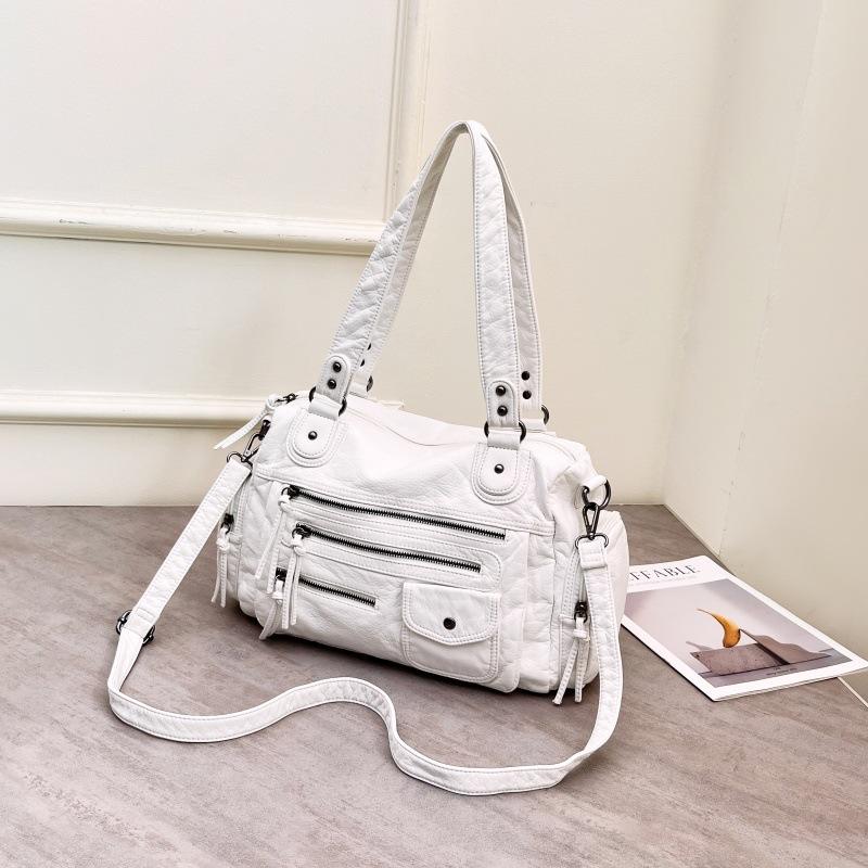 Multi-Pocket Motorcycle Style Shoulder Bag With Rivet Decor Wide Shoulder Straps & Multi Outer Zip Pockets, Large Capacity Zip Closure Crossbody Handbag