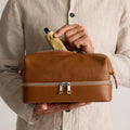 Warm Tan Double Layer Cosmetic Bag With Dual Metal Zipper Compartments