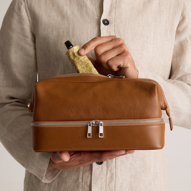 Warm Tan Double Layer Cosmetic Bag With Dual Metal Zipper Compartments