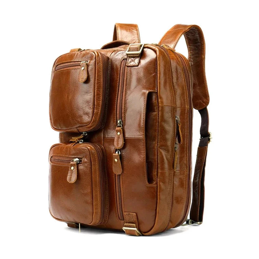 Vintage Tan Multi-Pocket Backpack With Metal Buckle Straps