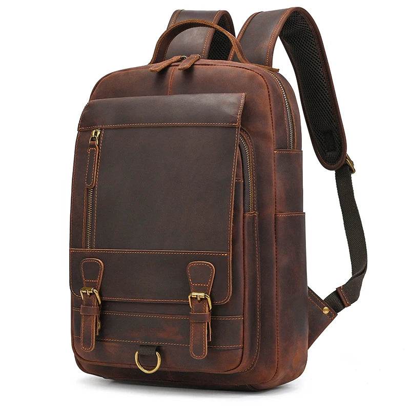 Distressed Dark Brown Vintage Backpack With Metal Buckle Flap