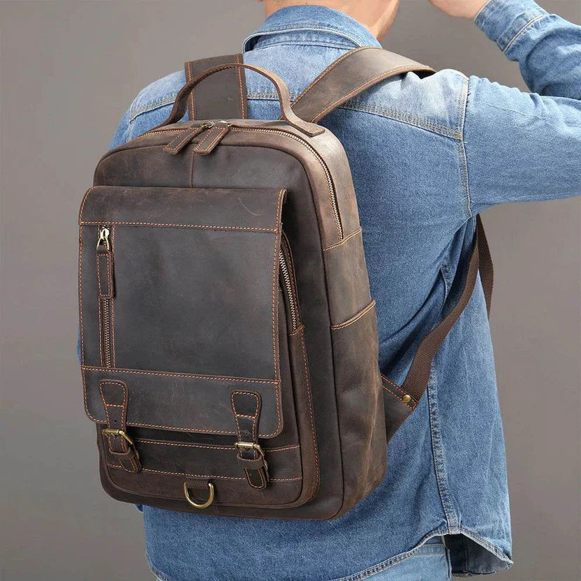 Distressed Dark Brown Vintage Backpack With Metal Buckle Flap