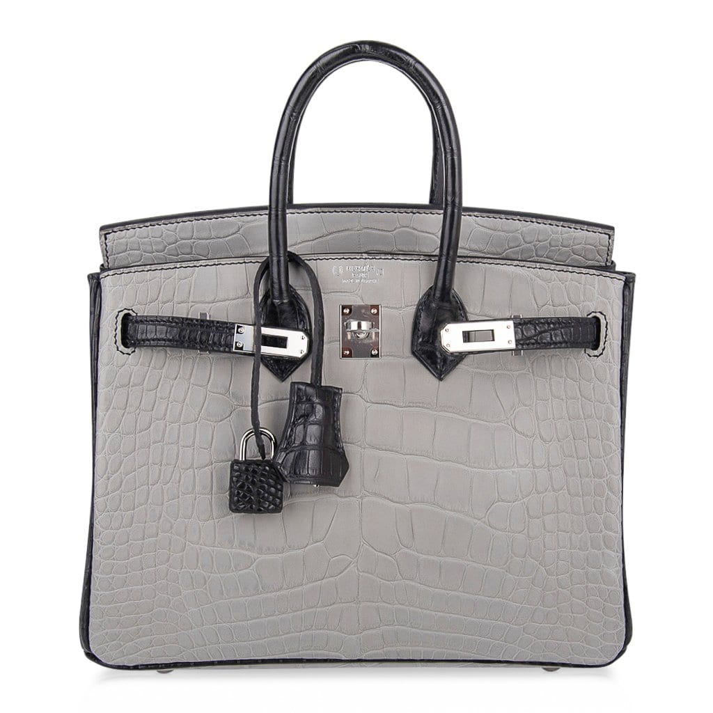 Birkin 25 HSS Bag Gris Perle / Black Matte Alligator Palladium Hardware