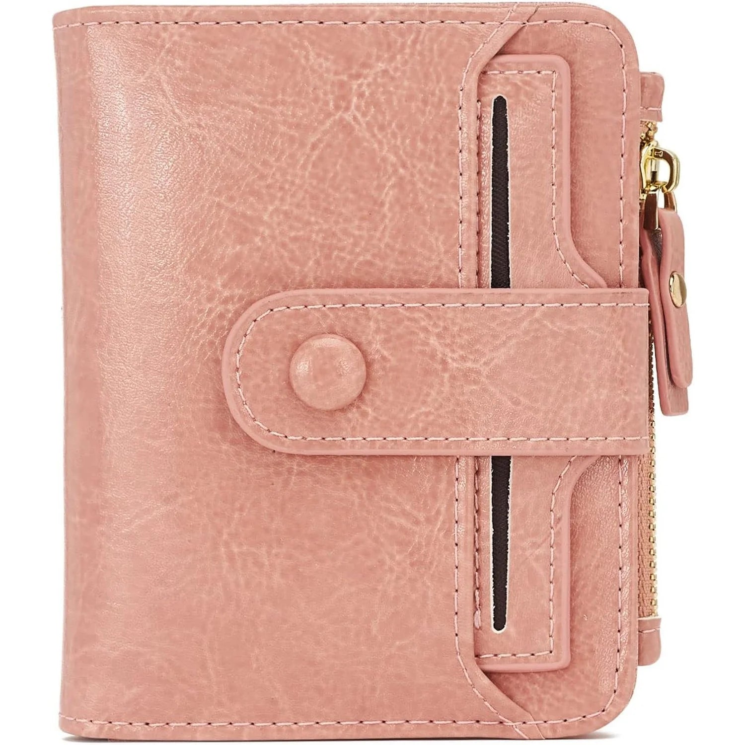 Soft Pink Multi-Slot Bifold Wallet With Snap Button Coin Zipper Pocket & Clear ID Window,