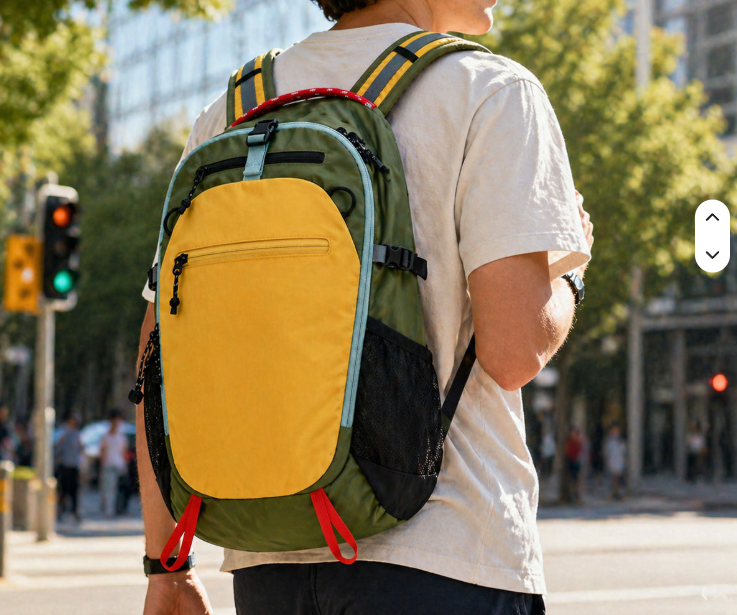 Olive Yellow Color Block Lightweight Backpack With Adjustable Striped Shoulder Straps & Side Mesh Pockets
