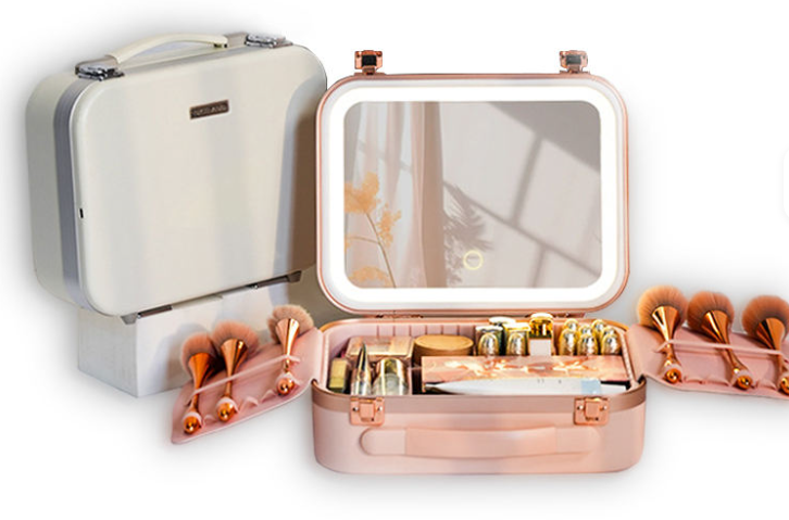 Hard Shell Cosmetic Bag With LED Light Mirror & Dual Side Brush Holders