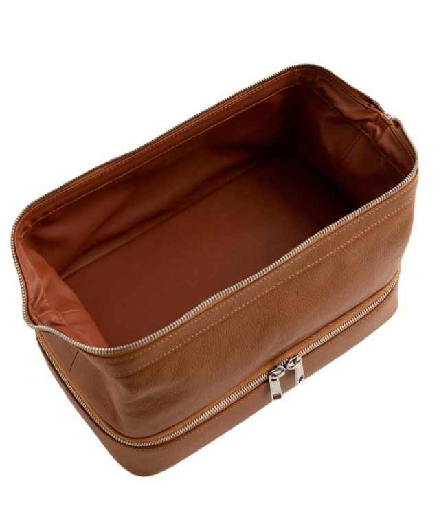 Warm Tan Double Layer Cosmetic Bag With Dual Metal Zipper Compartments